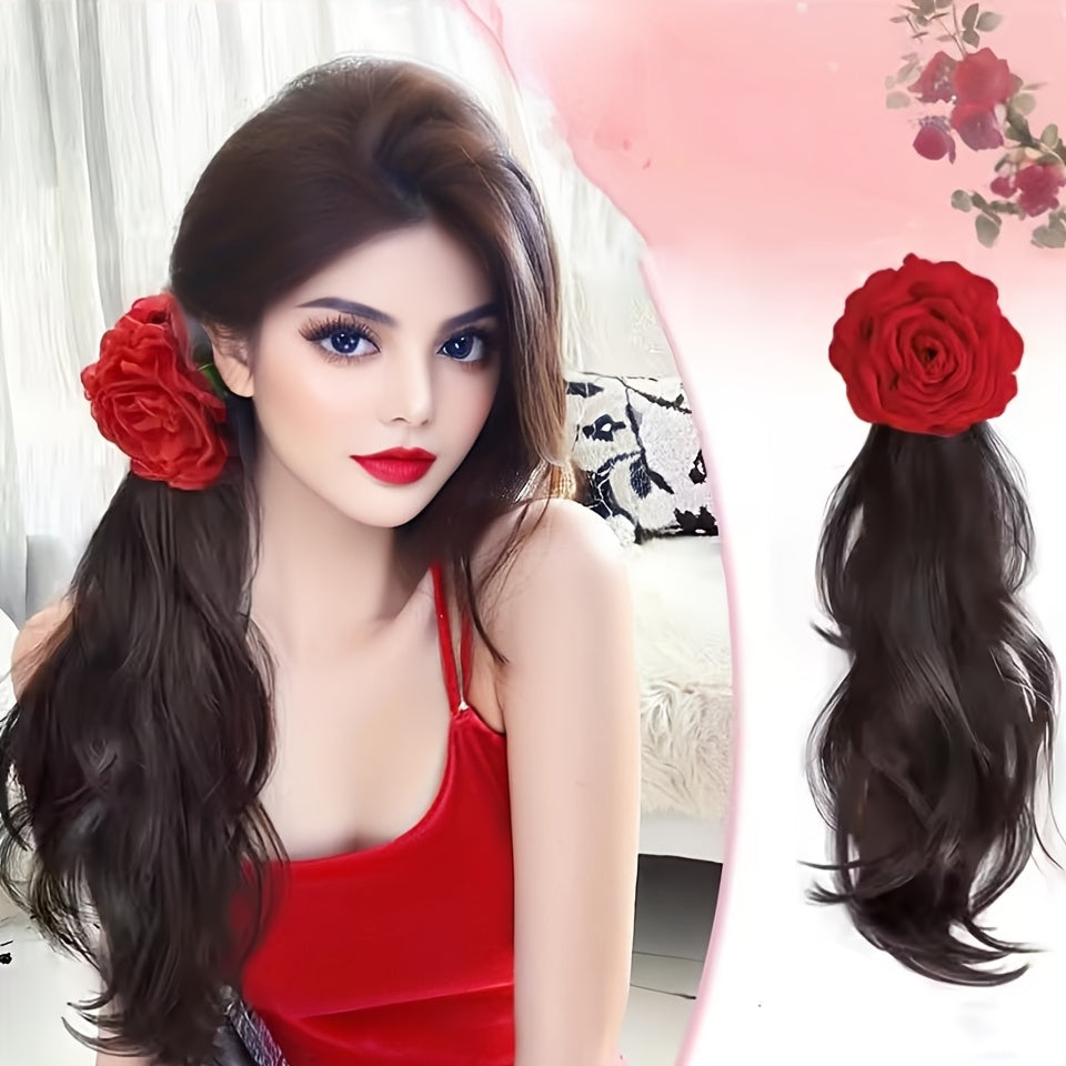 Heat-Resistant Synthetic Hair Elegant Red Rose Clip-On Ponytail Extension - Long Wavy Bohemian Style with Large Volume Curly Waves, Heat-Resistant up to 356°F, Secure Clip-On Attachment for Women, -Looking Hairpiece for Beach, Parties, Weddings