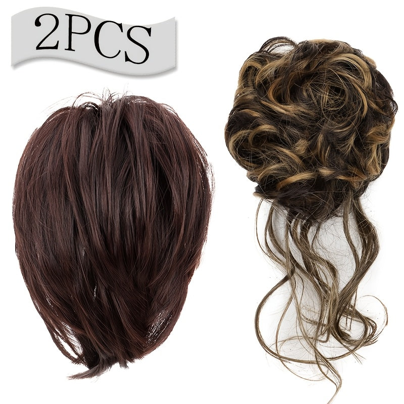 2pcs Messy Bun Hair Pieces Wavy Curly Bun Hair Pieces for Women Synthetic Updo Chignon Fake Bun Scrunchies Ponytail Extension for Women