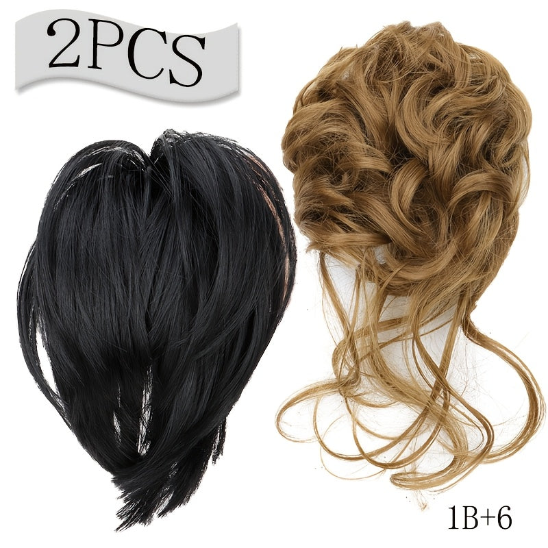 2pcs Messy Bun Hair Pieces Wavy Curly Bun Hair Pieces for Women Synthetic Updo Chignon Fake Bun Scrunchies Ponytail Extension for Women
