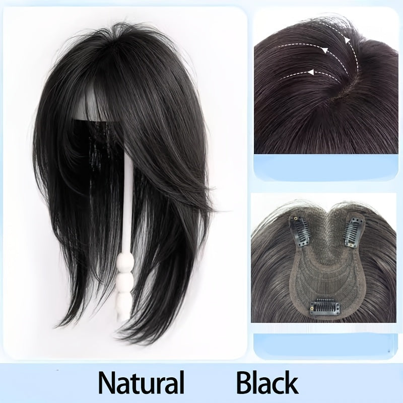 A 14-Inch Straight Hair Topper in Four Colors Designed to Hide Gray Hair, Featuring a Thin Hairpiece with a Straight Texture for Coverage