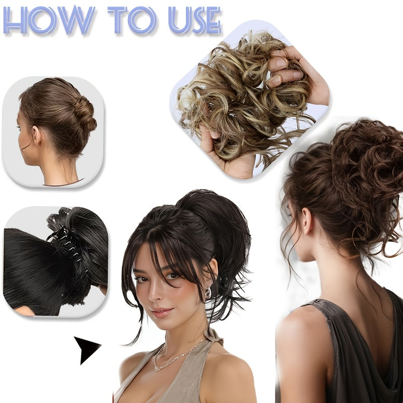 2pcs Messy Bun Hair Pieces Wavy Curly Bun Hair Pieces for Women Synthetic Updo Chignon Fake Bun Scrunchies Ponytail Extension for Women