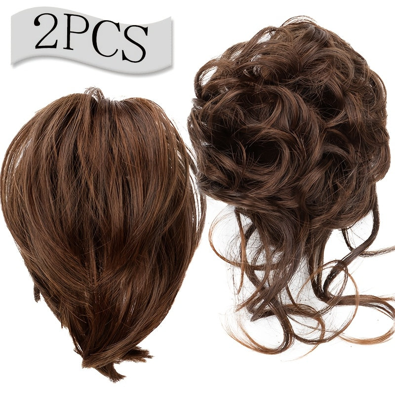 2pcs Messy Bun Hair Pieces Wavy Curly Bun Hair Pieces for Women Synthetic Updo Chignon Fake Bun Scrunchies Ponytail Extension for Women