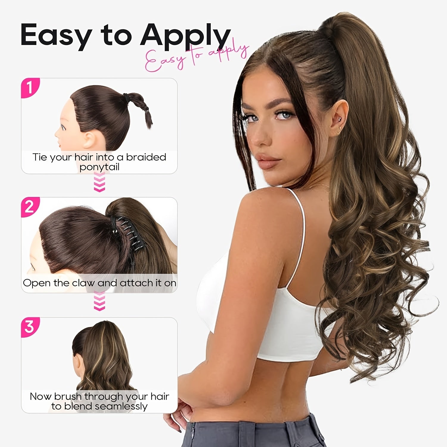 24-Inch Synthetic Layered Jaw Clip-In Ponytail Hair Extension for Women, Featuring Long Wavy Curls in Brown with Golden Highlights