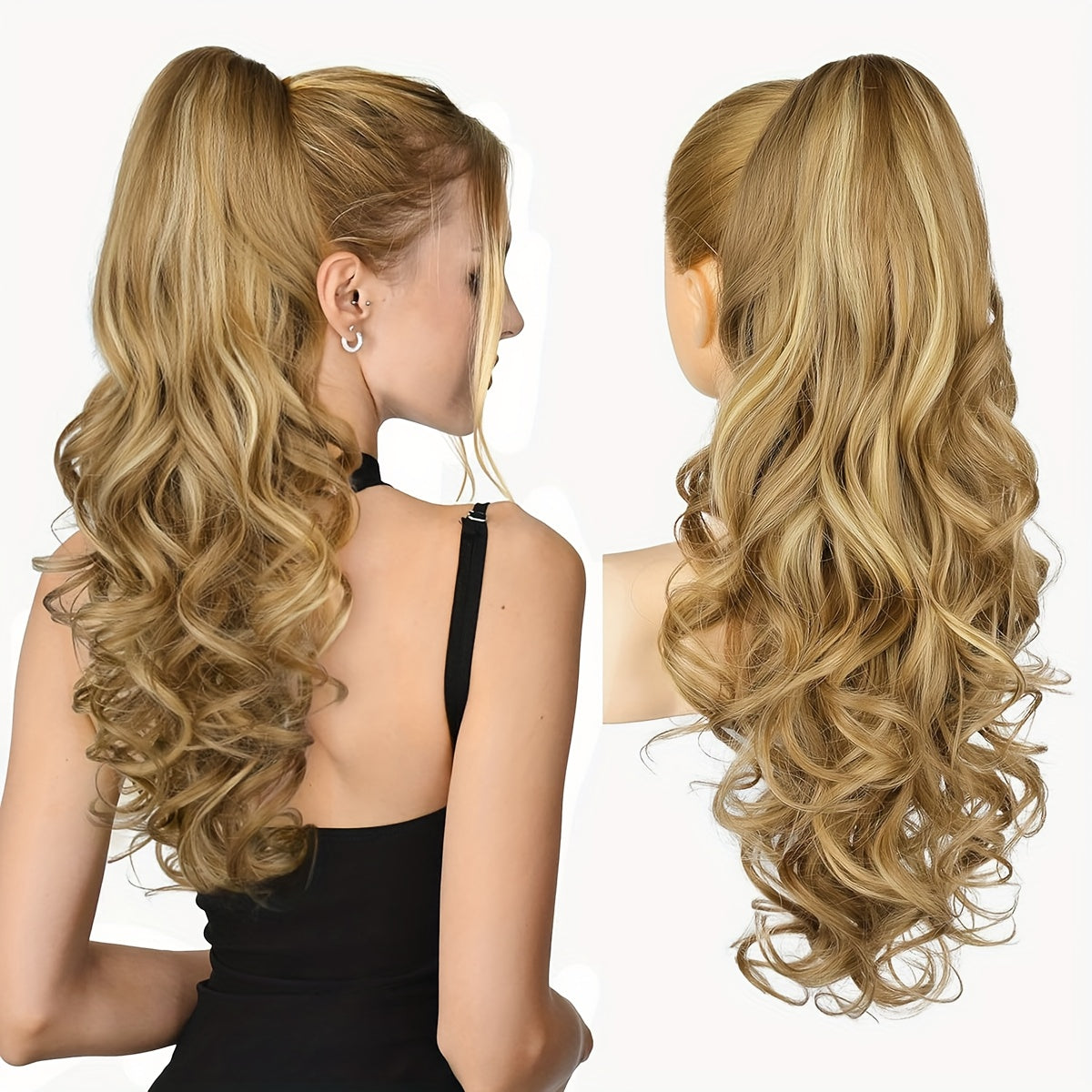 24-Inch Synthetic Layered Jaw Clip-In Ponytail Hair Extension for Women, Featuring Long Wavy Curls in Brown with Golden Highlights