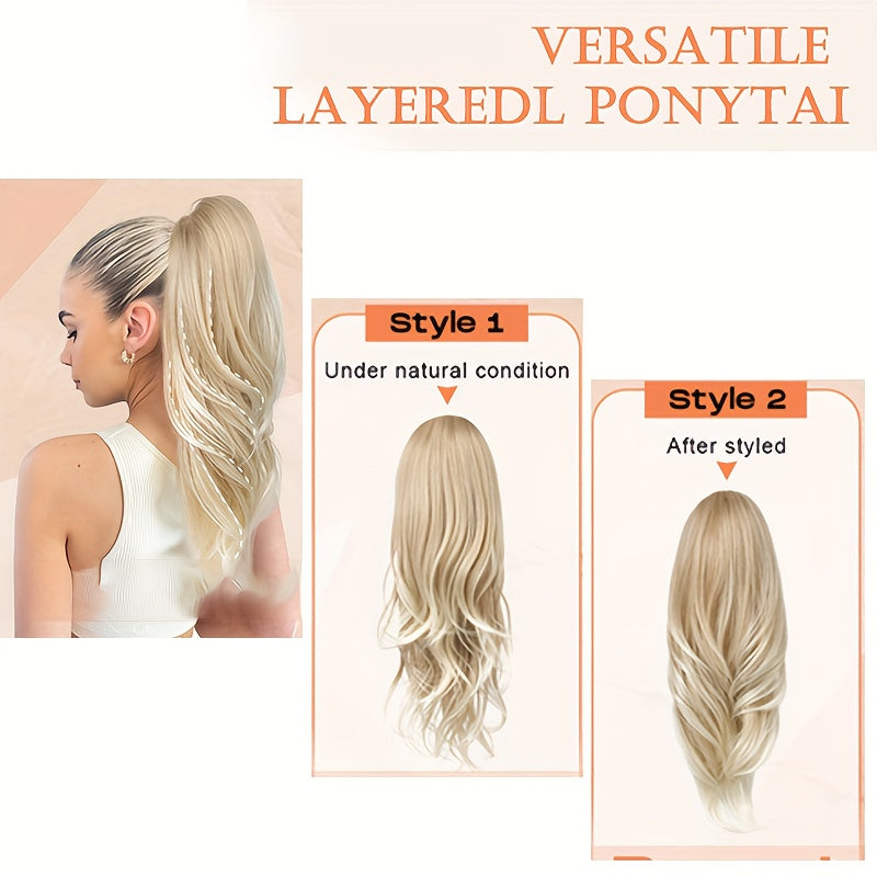 Women'S Elegant Long Ponytail Synthetic Hairpiece - Curly Wave Multi-Layered Blonde Wig with Inner Buckle Detail for White Women, Versatile for Casual & Formal Events