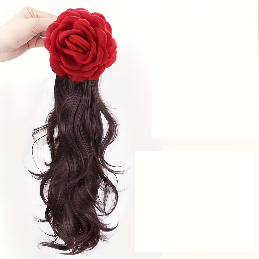 Heat-Resistant Synthetic Hair Elegant Red Rose Clip-On Ponytail Extension - Long Wavy Bohemian Style with Large Volume Curly Waves, Heat-Resistant up to 356°F, Secure Clip-On Attachment for Women, -Looking Hairpiece for Beach, Parties, Weddings