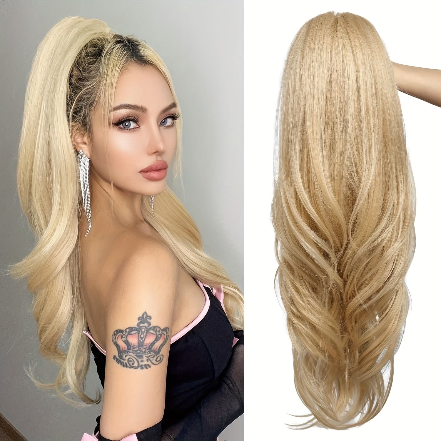 Women'S Elegant Long Ponytail Synthetic Hairpiece - Curly Wave Multi-Layered Blonde Wig with Inner Buckle Detail for White Women, Versatile for Casual & Formal Events