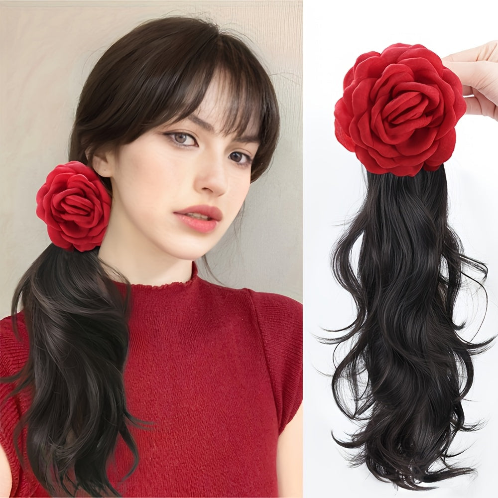Heat-Resistant Synthetic Hair Elegant Red Rose Clip-On Ponytail Extension - Long Wavy Bohemian Style with Large Volume Curly Waves, Heat-Resistant up to 356°F, Secure Clip-On Attachment for Women, -Looking Hairpiece for Beach, Parties, Weddings