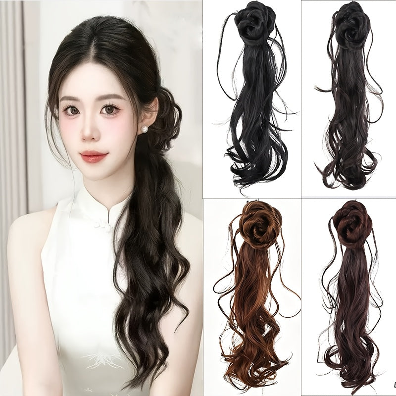 20-Inch Ancient Chinese Style Floral Ponytail - Loose Curly Synthetic Hair Bun with Clip for Weddings And Everyday Use, Ideal for Braids And Ponytails, Compatible with Various Skin Tones