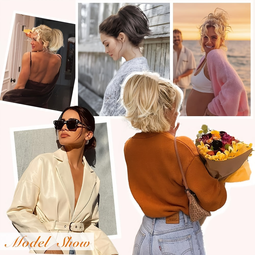 2pcs Messy Bun Hair Pieces Wavy Curly Bun Hair Pieces for Women Synthetic Updo Chignon Fake Bun Scrunchies Ponytail Extension for Women