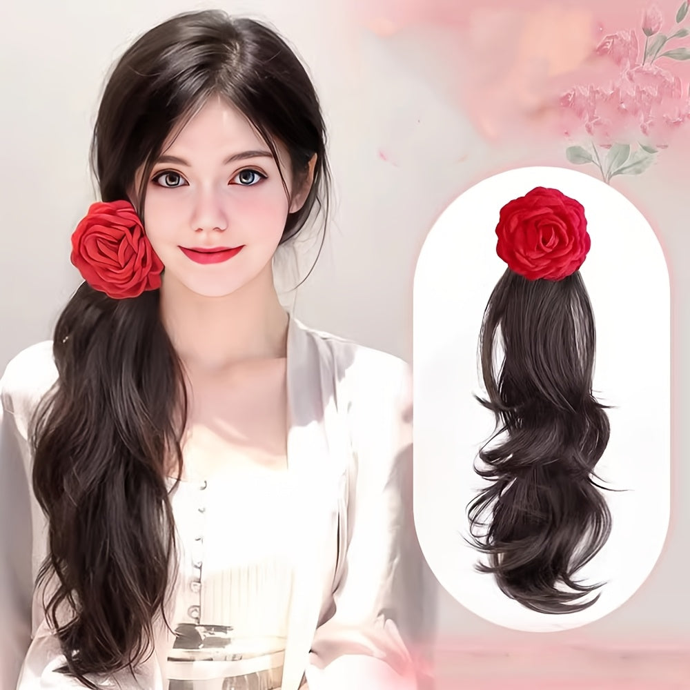 Heat-Resistant Synthetic Hair Elegant Red Rose Clip-On Ponytail Extension - Long Wavy Bohemian Style with Large Volume Curly Waves, Heat-Resistant up to 356°F, Secure Clip-On Attachment for Women, -Looking Hairpiece for Beach, Parties, Weddings
