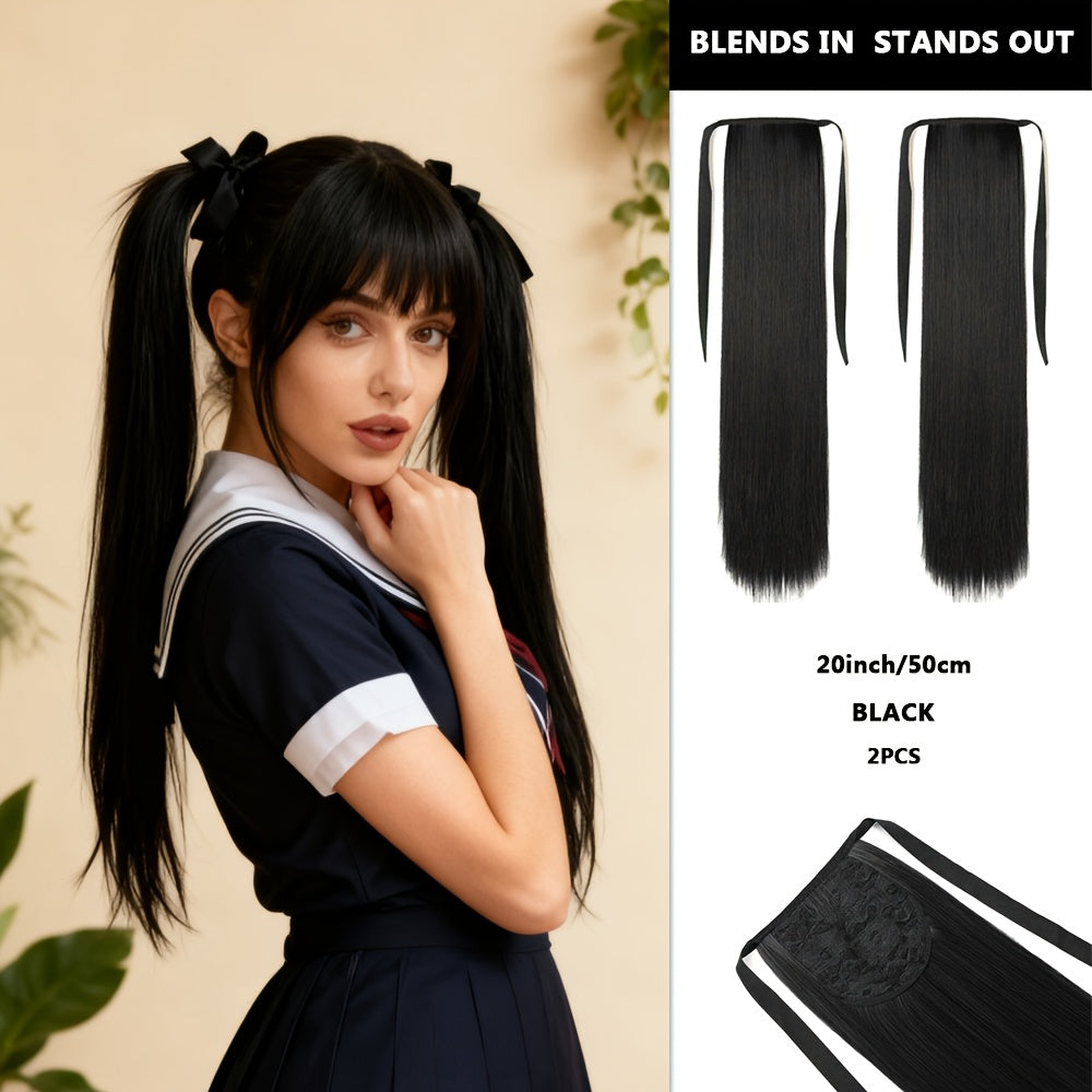 20 Inch Synthetic Double Ponytail Wig with Black Bow | Straight Hair Extensions for Women, Twin Buns Hairstyle for Cosplay, Daily Wear, Weddings & Prom - Looking Volume (No Bulk)