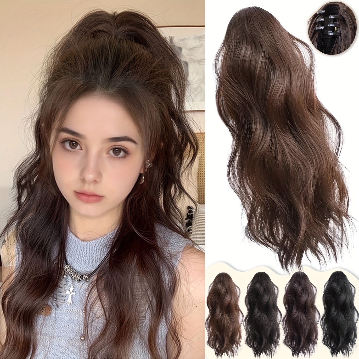 Wavy Ombre Ponytail Extensions 16 Inch Wavy Ombre Ponytail Extensions - Claw Clip In Ponytail Hair Extensions For Women | Synthetic Claw Clip In Pony Tails Hairpieces Fake Pony Tails