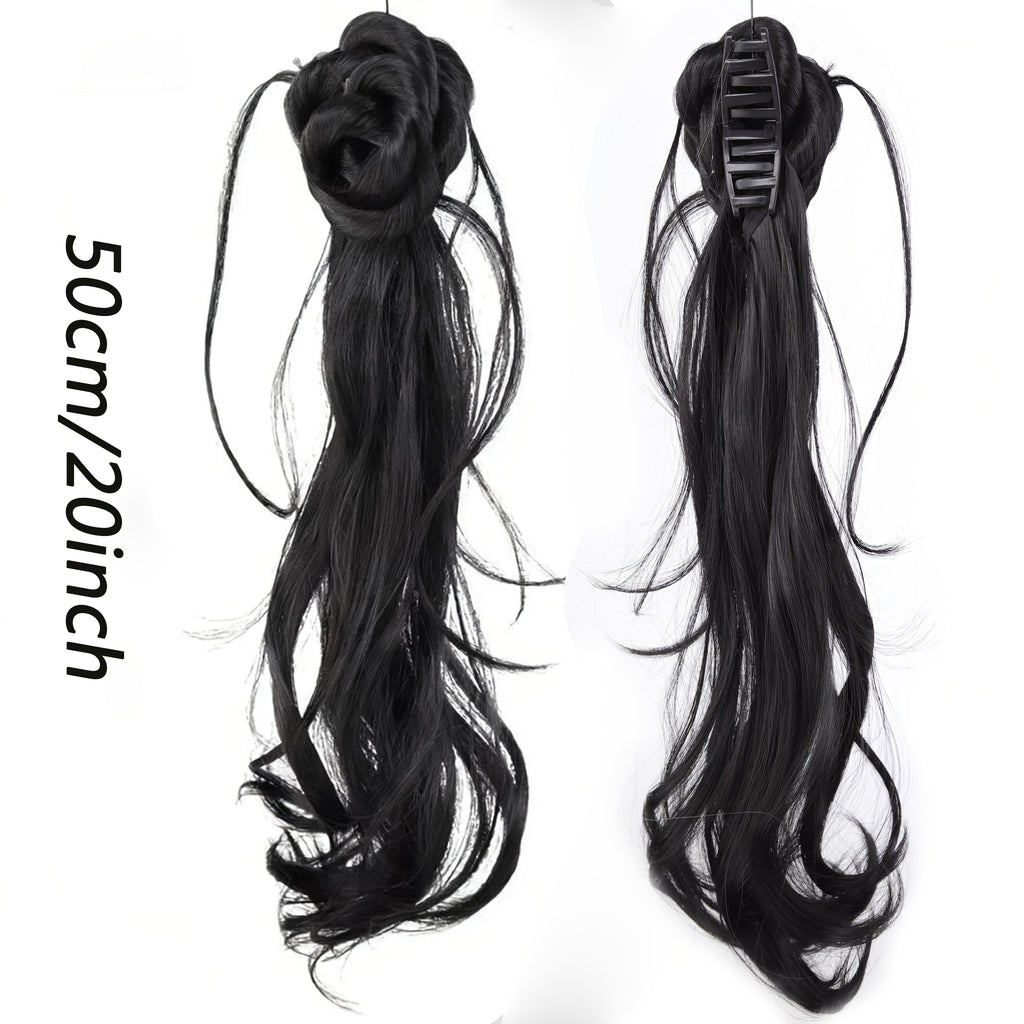 20-Inch Ancient Chinese Style Floral Ponytail - Loose Curly Synthetic Hair Bun with Clip for Weddings And Everyday Use, Ideal for Braids And Ponytails, Compatible with Various Skin Tones
