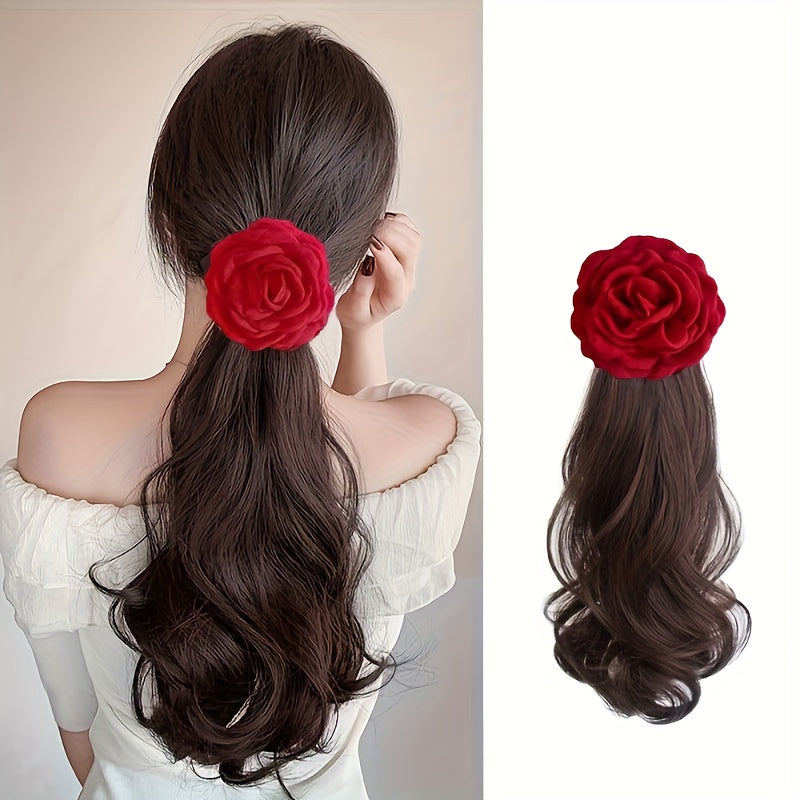 Heat-Resistant Synthetic Hair Elegant Red Rose Clip-On Ponytail Extension - Long Wavy Bohemian Style with Large Volume Curly Waves, Heat-Resistant up to 356°F, Secure Clip-On Attachment for Women, -Looking Hairpiece for Beach, Parties, Weddings
