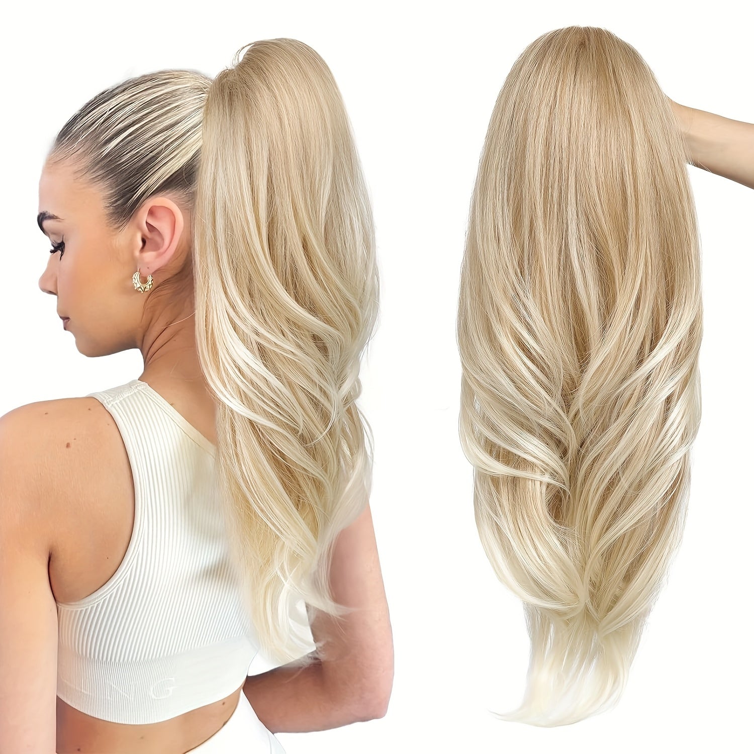 Women'S Elegant Long Ponytail Synthetic Hairpiece - Curly Wave Multi-Layered Blonde Wig with Inner Buckle Detail for White Women, Versatile for Casual & Formal Events