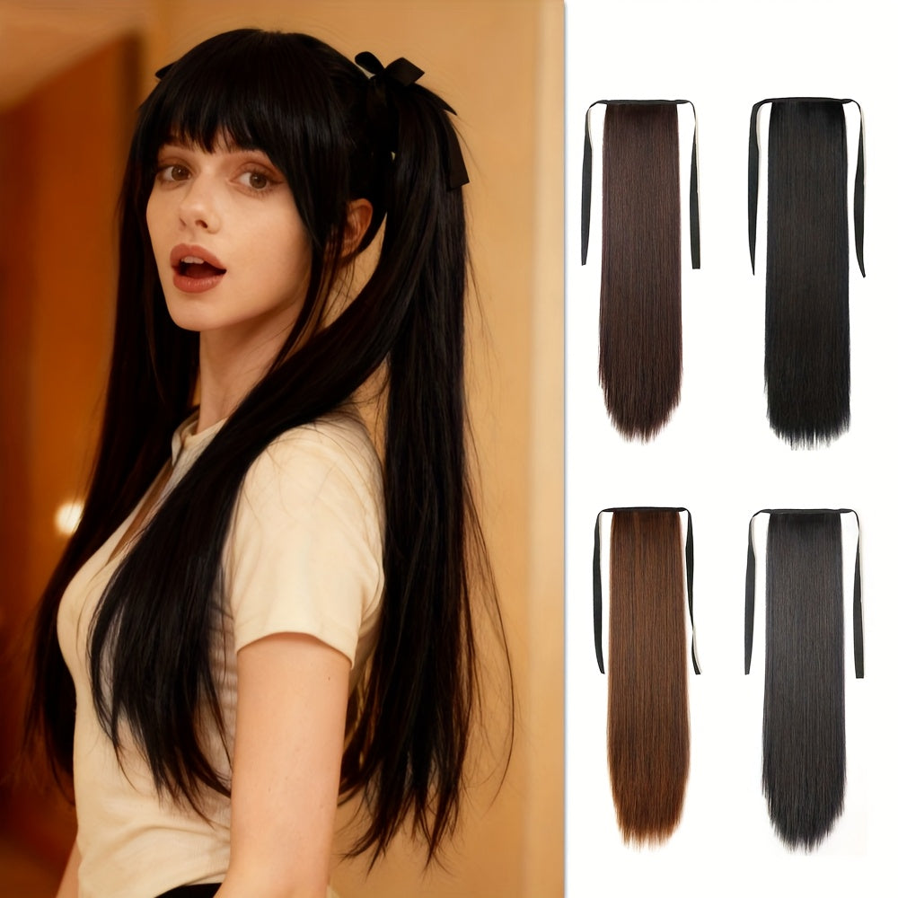 20 Inch Synthetic Double Ponytail Wig with Black Bow | Straight Hair Extensions for Women, Twin Buns Hairstyle for Cosplay, Daily Wear, Weddings & Prom - Looking Volume (No Bulk)