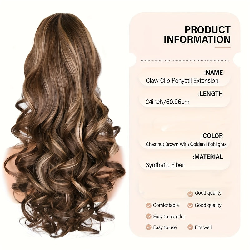 24-Inch Synthetic Layered Jaw Clip-In Ponytail Hair Extension for Women, Featuring Long Wavy Curls in Brown with Golden Highlights