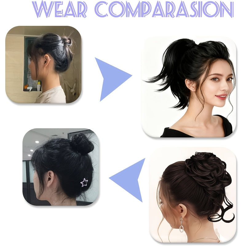 2pcs Messy Bun Hair Pieces Wavy Curly Bun Hair Pieces for Women Synthetic Updo Chignon Fake Bun Scrunchies Ponytail Extension for Women