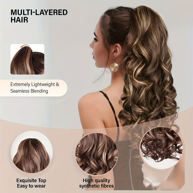 24-Inch Synthetic Layered Jaw Clip-In Ponytail Hair Extension for Women, Featuring Long Wavy Curls in Brown with Golden Highlights