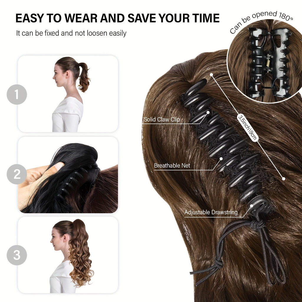 24-Inch Synthetic Layered Jaw Clip-In Ponytail Hair Extension for Women, Featuring Long Wavy Curls in Brown with Golden Highlights