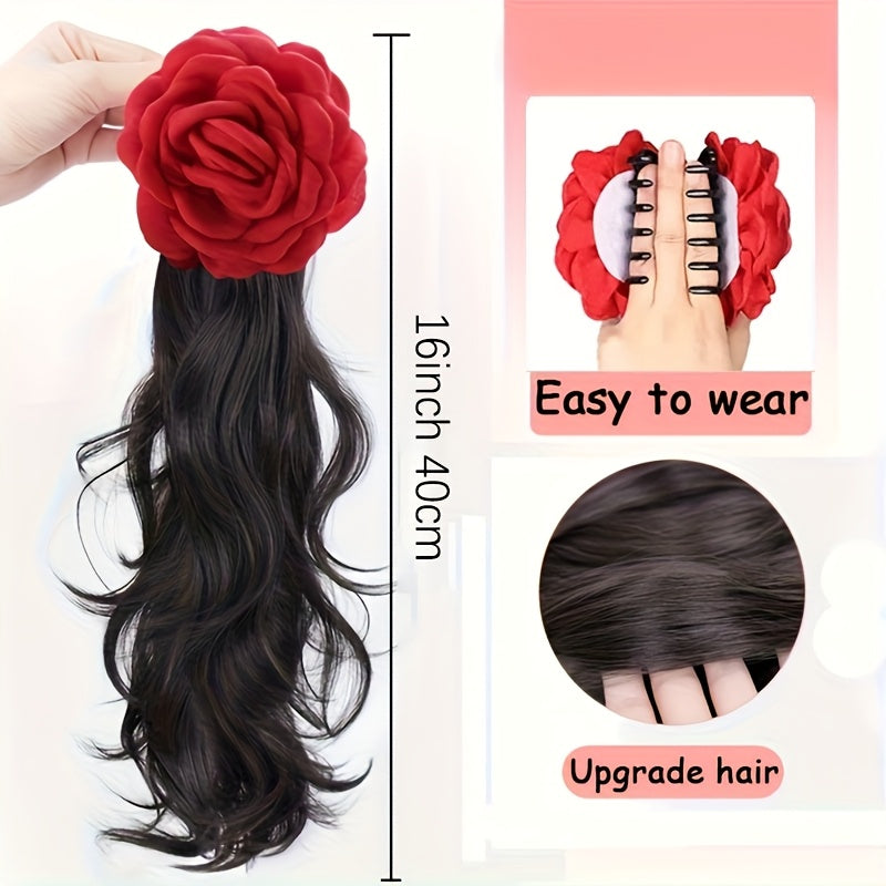 Heat-Resistant Synthetic Hair Elegant Red Rose Clip-On Ponytail Extension - Long Wavy Bohemian Style with Large Volume Curly Waves, Heat-Resistant up to 356°F, Secure Clip-On Attachment for Women, -Looking Hairpiece for Beach, Parties, Weddings