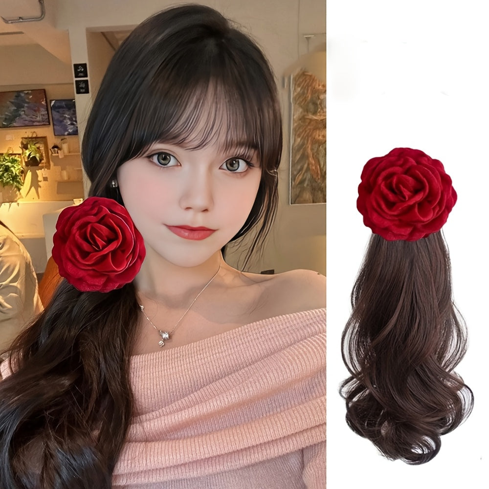 Heat-Resistant Synthetic Hair Elegant Red Rose Clip-On Ponytail Extension - Long Wavy Bohemian Style with Large Volume Curly Waves, Heat-Resistant up to 356°F, Secure Clip-On Attachment for Women, -Looking Hairpiece for Beach, Parties, Weddings