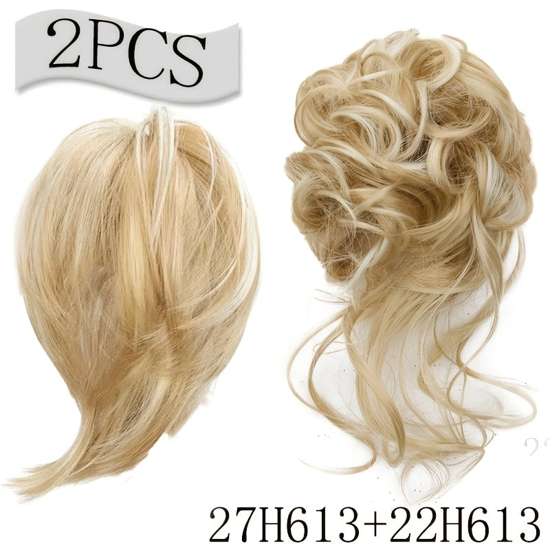 2pcs Messy Bun Hair Pieces Wavy Curly Bun Hair Pieces for Women Synthetic Updo Chignon Fake Bun Scrunchies Ponytail Extension for Women