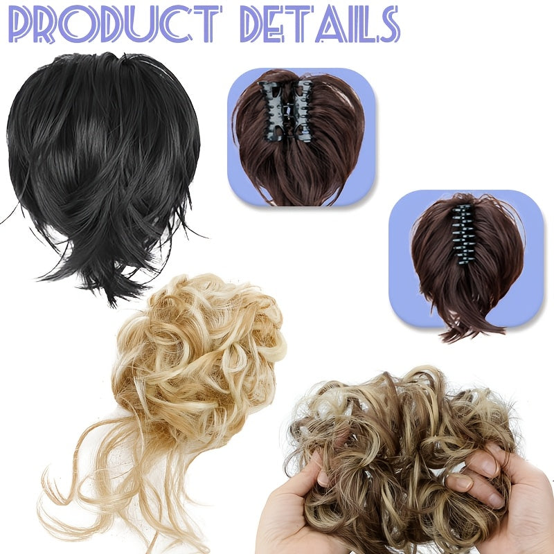 2pcs Messy Bun Hair Pieces Wavy Curly Bun Hair Pieces for Women Synthetic Updo Chignon Fake Bun Scrunchies Ponytail Extension for Women