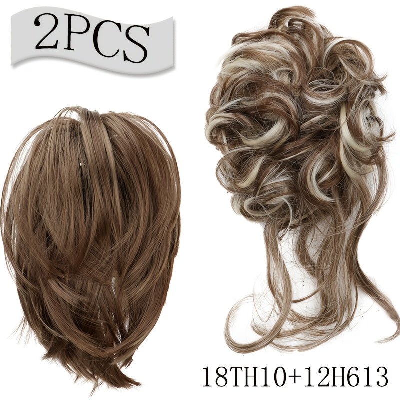 2pcs Messy Bun Hair Pieces Wavy Curly Bun Hair Pieces for Women Synthetic Updo Chignon Fake Bun Scrunchies Ponytail Extension for Women