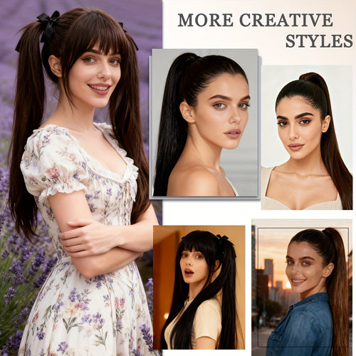 20 Inch Synthetic Double Ponytail Wig with Black Bow | Straight Hair Extensions for Women, Twin Buns Hairstyle for Cosplay, Daily Wear, Weddings & Prom - Looking Volume (No Bulk)