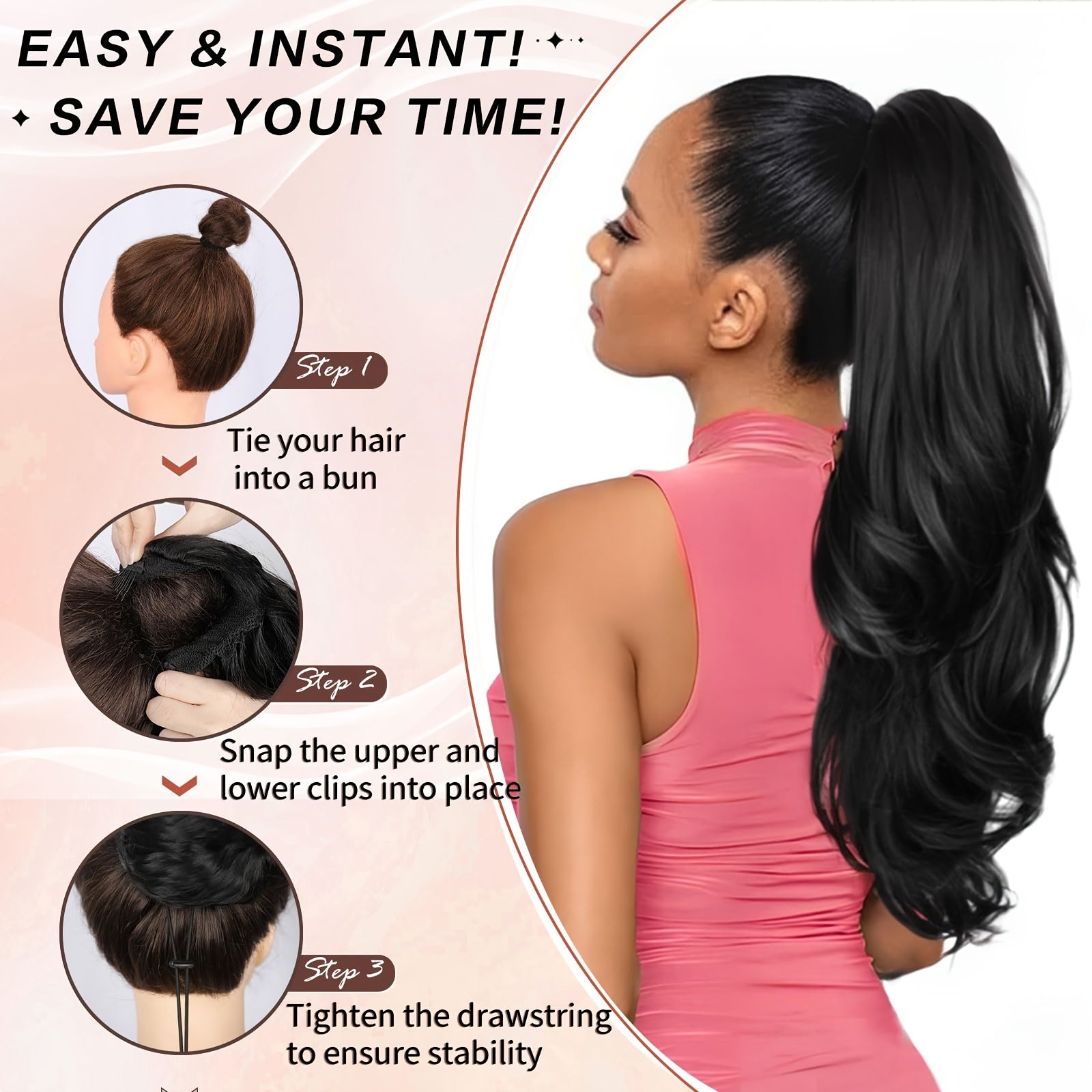 Synthetic Hairpiece for a Long Ponytail with a Voluminous Body Wave, Featuring a Drawstring Closure. Perfect for Adding a Look to Your Hairstyle for Parties, Weddings