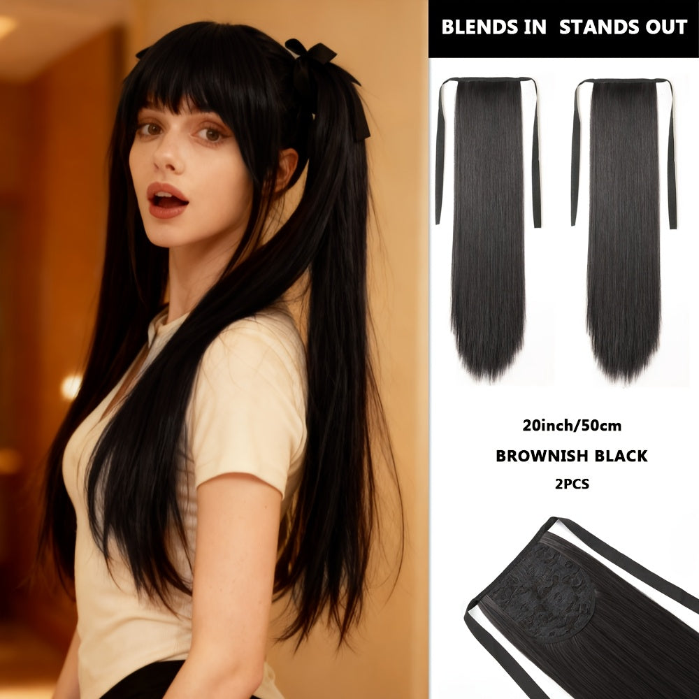 20 Inch Synthetic Double Ponytail Wig with Black Bow | Straight Hair Extensions for Women, Twin Buns Hairstyle for Cosplay, Daily Wear, Weddings & Prom - Looking Volume (No Bulk)
