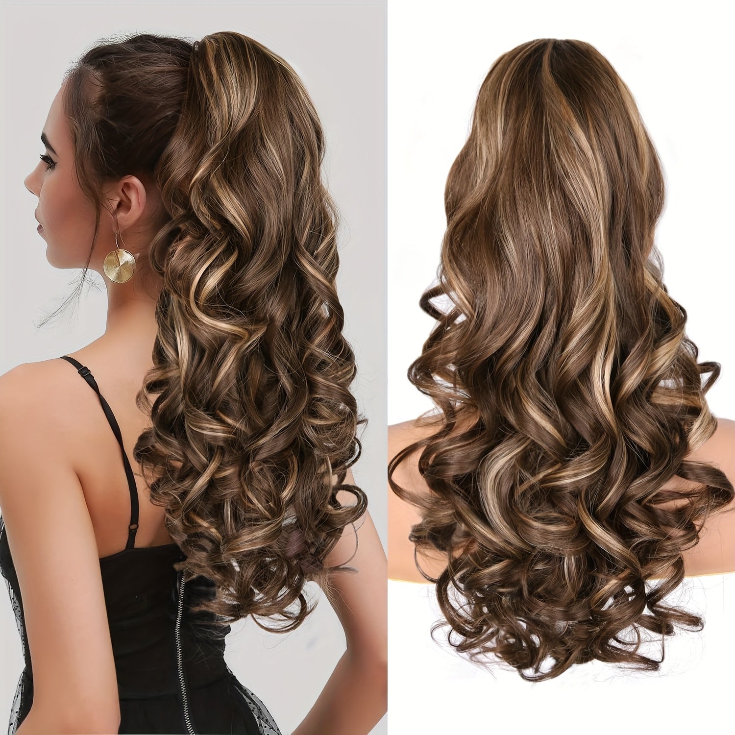 24-Inch Synthetic Layered Jaw Clip-In Ponytail Hair Extension for Women, Featuring Long Wavy Curls in Brown with Golden Highlights
