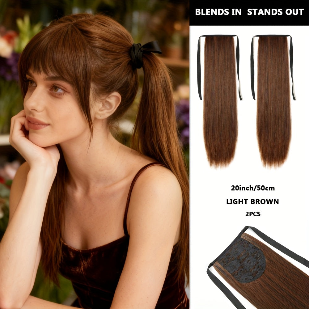 20 Inch Synthetic Double Ponytail Wig with Black Bow | Straight Hair Extensions for Women, Twin Buns Hairstyle for Cosplay, Daily Wear, Weddings & Prom - Looking Volume (No Bulk)