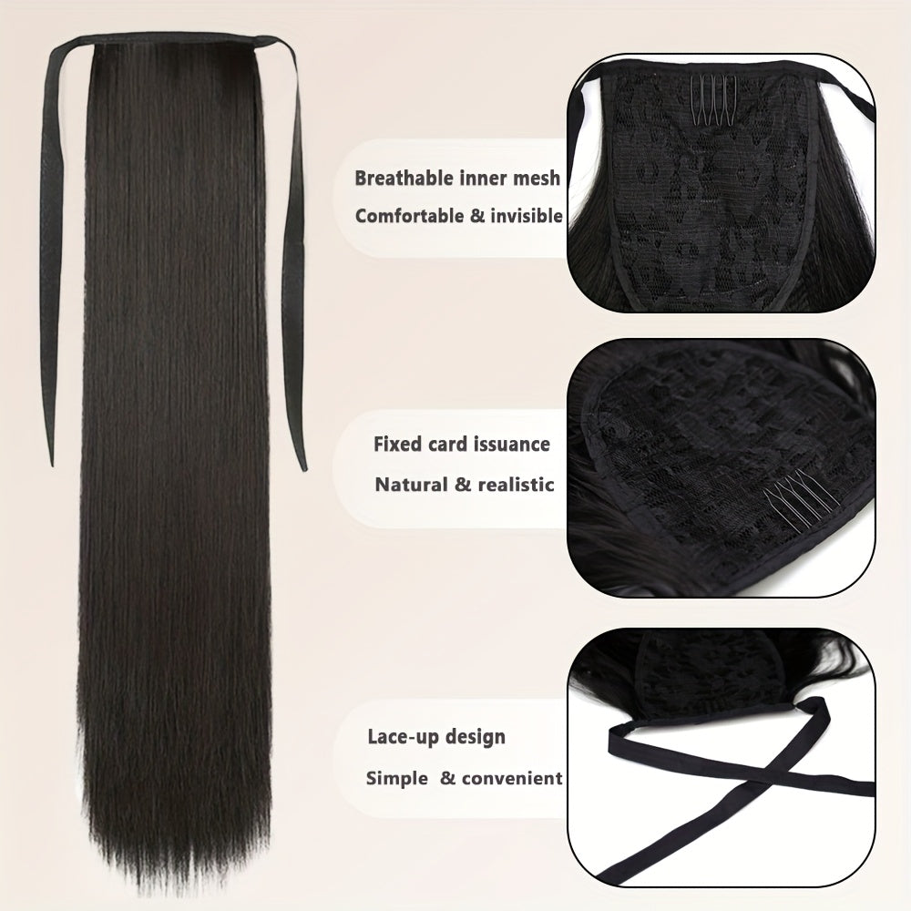 20 Inch Synthetic Double Ponytail Wig with Black Bow | Straight Hair Extensions for Women, Twin Buns Hairstyle for Cosplay, Daily Wear, Weddings & Prom - Looking Volume (No Bulk)